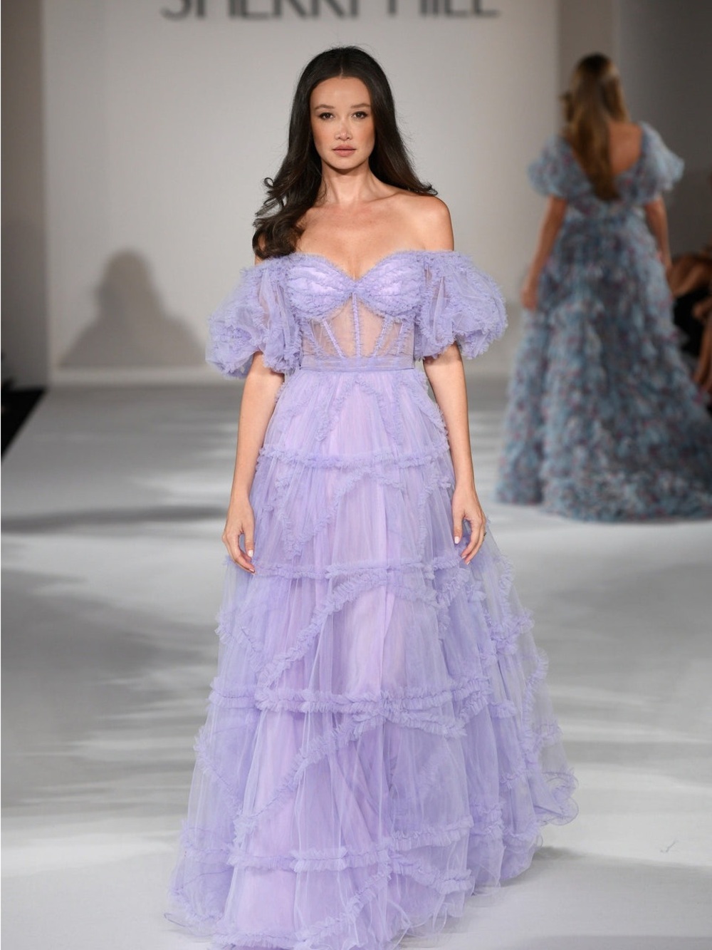 Sherri Hill 55558 Lavender Off-Shoulder Tulle Gown